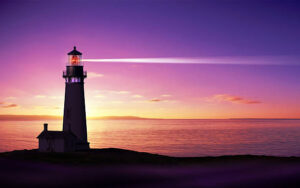 Lighthouse searchlight beam through marine air at night